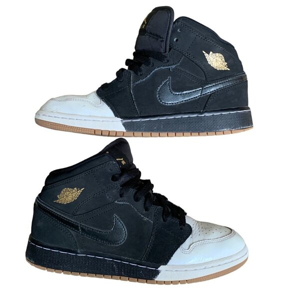 Rare 2017 Nike Air Jordan 1 Mid Black White Gold Size 6.5 - Picture 1 of 14